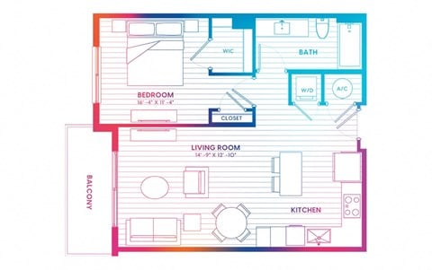 Floor plan for 1 bed, 1 bath, 700 sqft